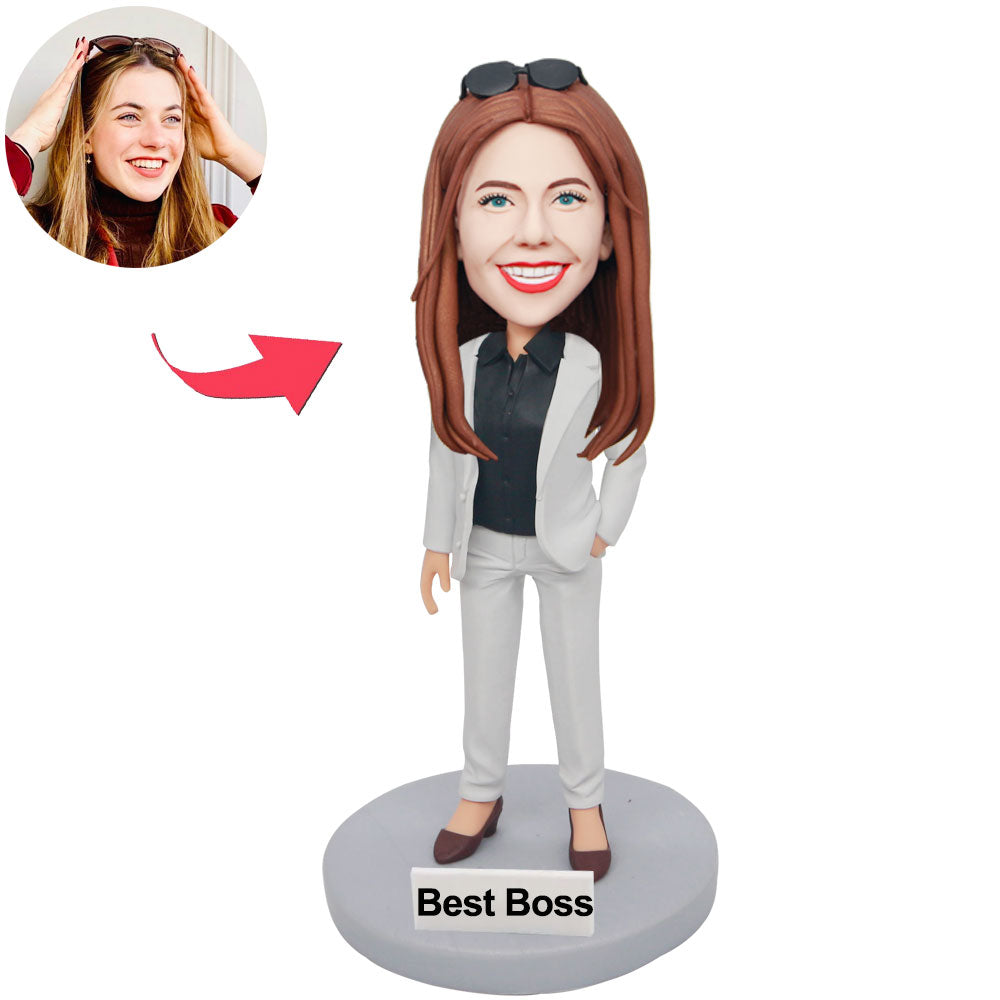 Custom Female Best Boss Bobblehead In Grey Suit Figure Bobblehead