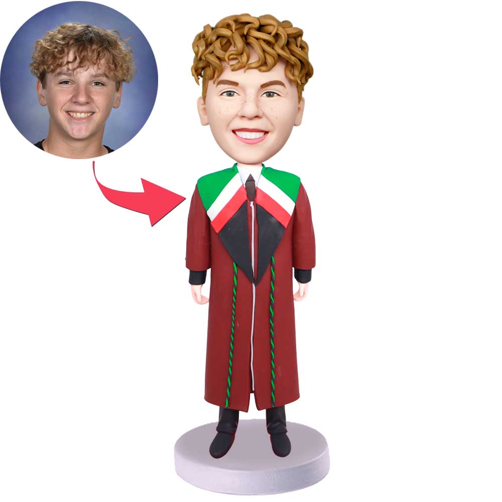 Male Graduates In Dark Red Gown Custom Graduation Bobbleheads Figure