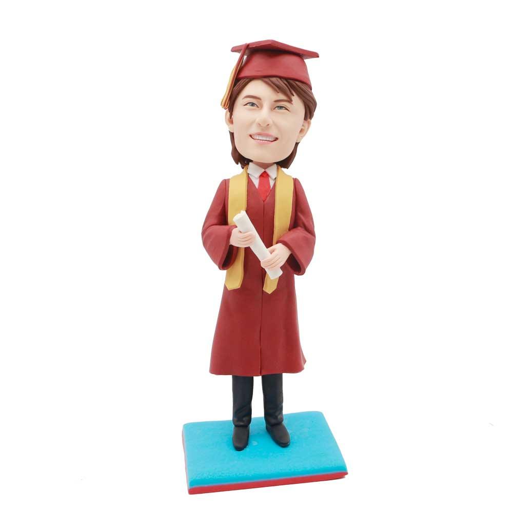 Male Graduates In Red Gown And Yellow Ribbon Custom Graduation Bobbleh Figure Bobblehead
