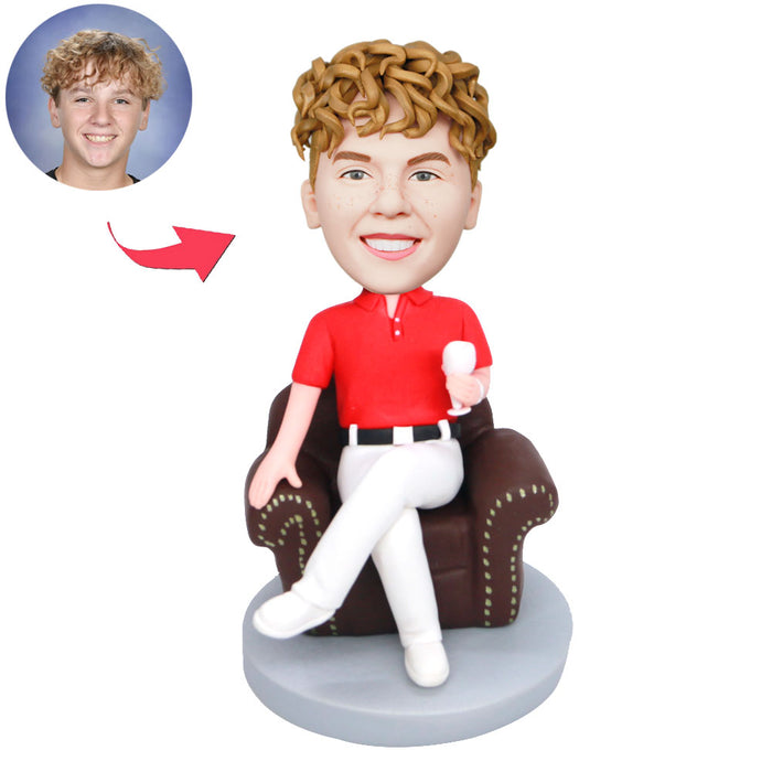 Boss Day Gift Custom Boss Bobblehead Sitting On Sofa with A Glass of Wine
