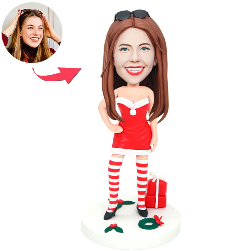 Custom Female Christmas Bobblehead In Christmas Costumes With High Socks