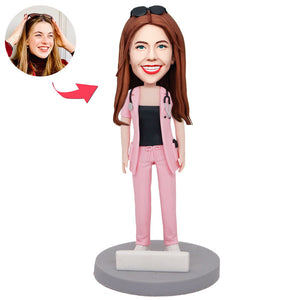Custom Female Doctor Bobblehead In Pink Physician’s Clothes