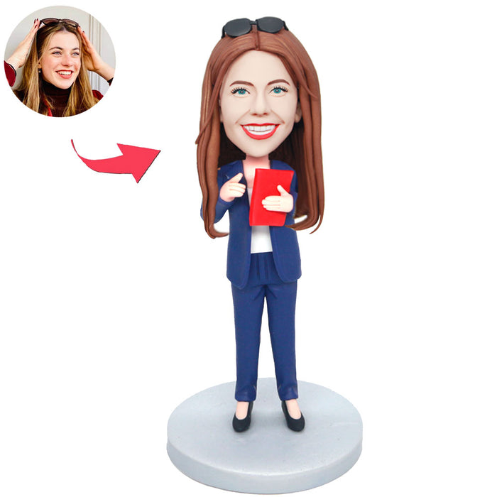 Custom Female Office Manager Bobblehead In Blue Suit