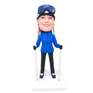 Custom Female Skier Bobblehead In Blue Ski Suit