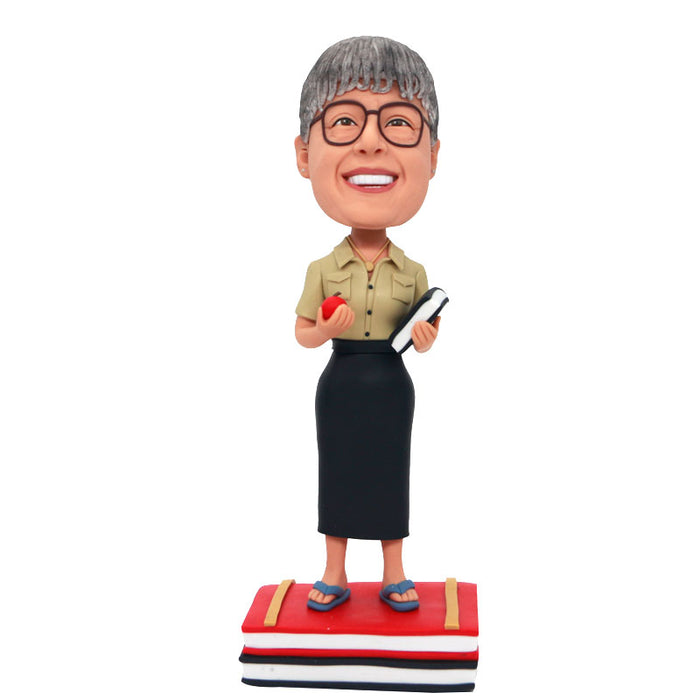 Custom Female Teacher Bobblehead Holding Apple and Book
