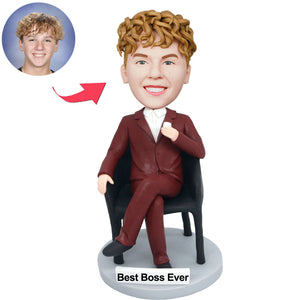 Custom Male Best Boss Bobblehead Sitting On A Chair And Holding A Wine Glass