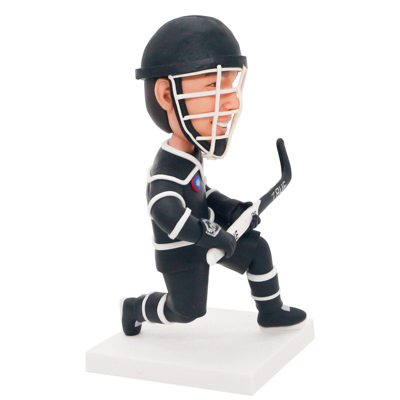 Custom Male Sliding Ice Hockey Goalie Bobblehead  Wearing Black Sportswear-1