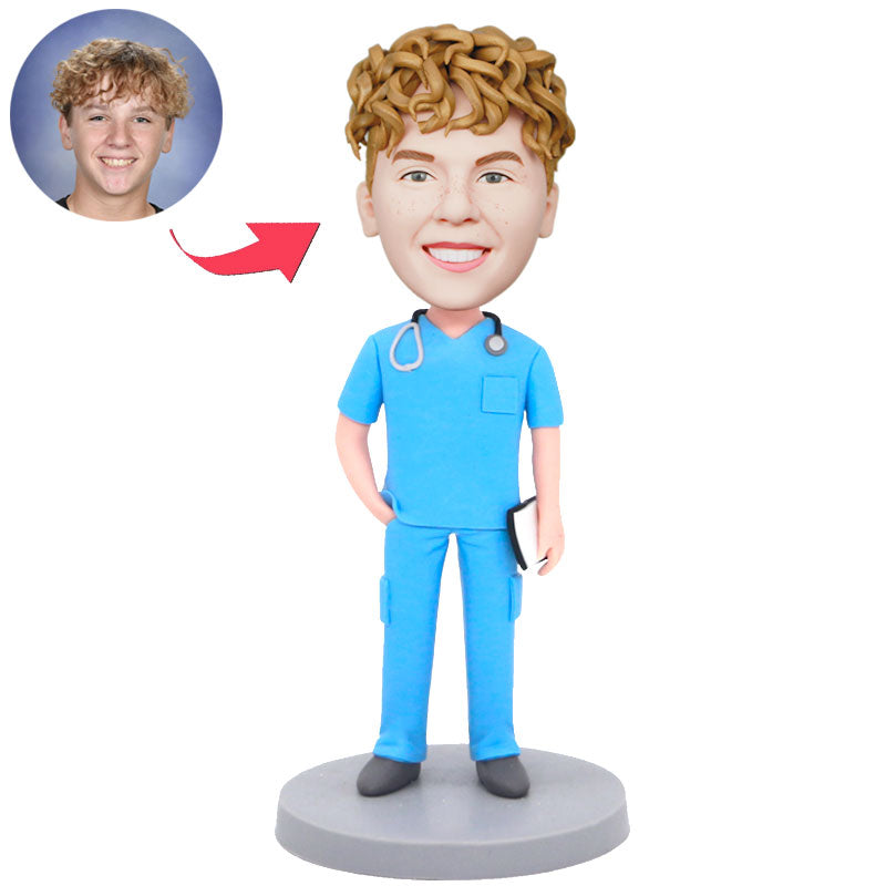 Custom Male Surgeon Doctor Physician Bobblehead in Light Blue Scrubs