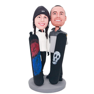 Custom Ski Couple With Snowboard Bobblehead