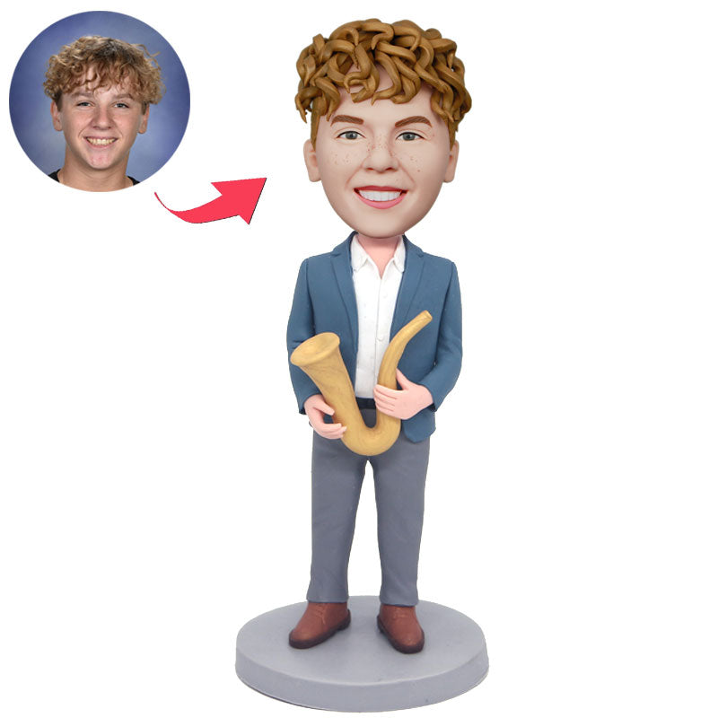 Custom Male Musician Bobblehead Holding A Saxophone