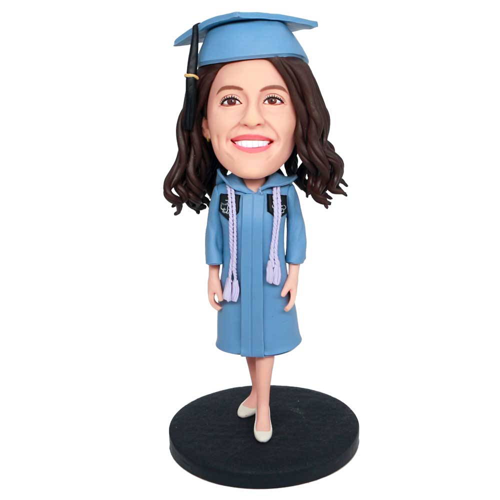 Female Graduates In Blue Gown Custom Graduation Bobbleheads