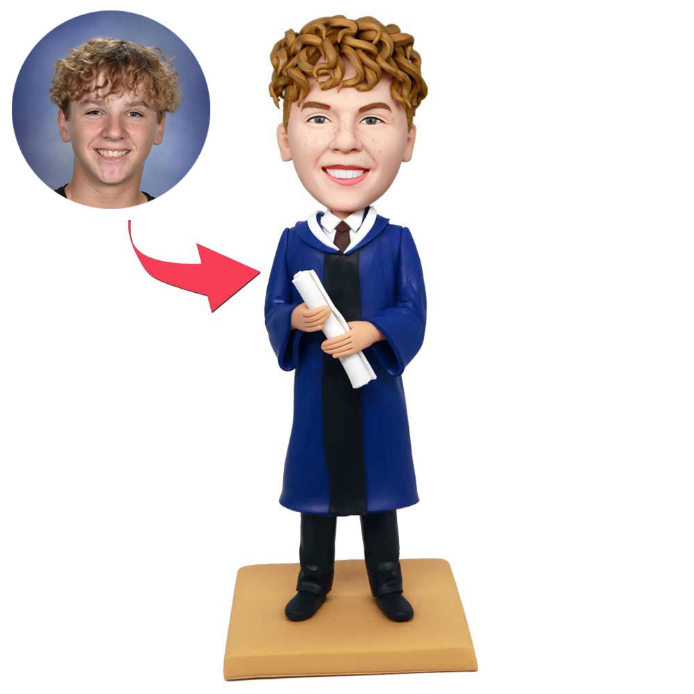 Male Graduates In Dark Blue Gown With Diploma Custom Graduation Bobbleheads