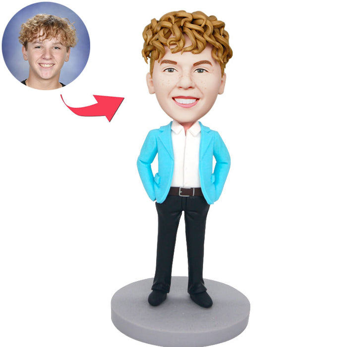 Male Office staff In Turquoise Blazer And Hands Insert Pocket Custom Figure  Bobblehead