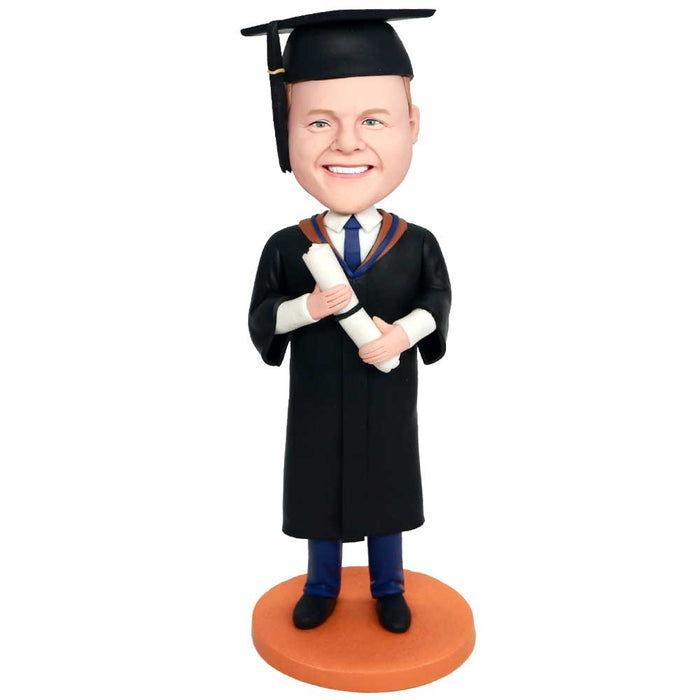 Personalized Male Graduates In Black Gown And Blue Pants Custom Graduation Bobbleheads Gift