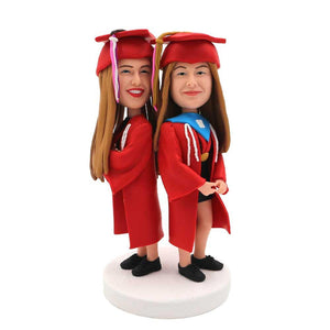 Back to Back Female Graduates In Red Gown Custom Graduation Bobblehead Gift