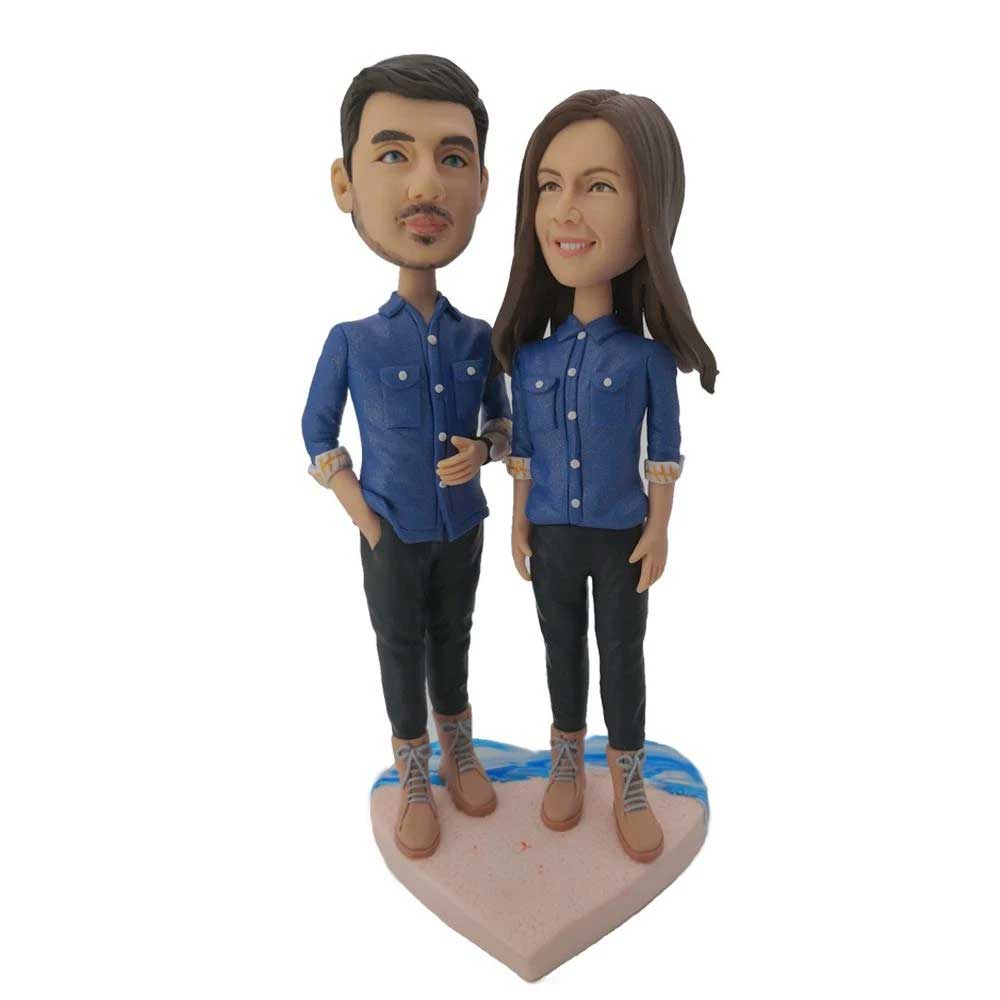 Valentine Gifts -Marine Beach Couple Wearing Jeans Shirts Custom Figure Bobblehead