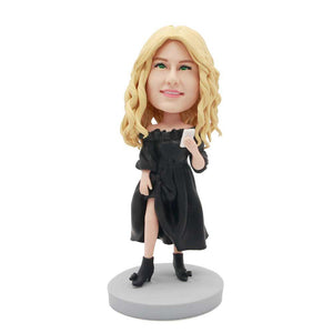 Beautiful Female In Black Dress With A Phone Custom Figure Bobblehead