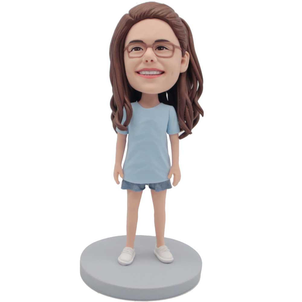 Beautiful Girl In Light Blue T-shirt Custom Figure Bobbleheads