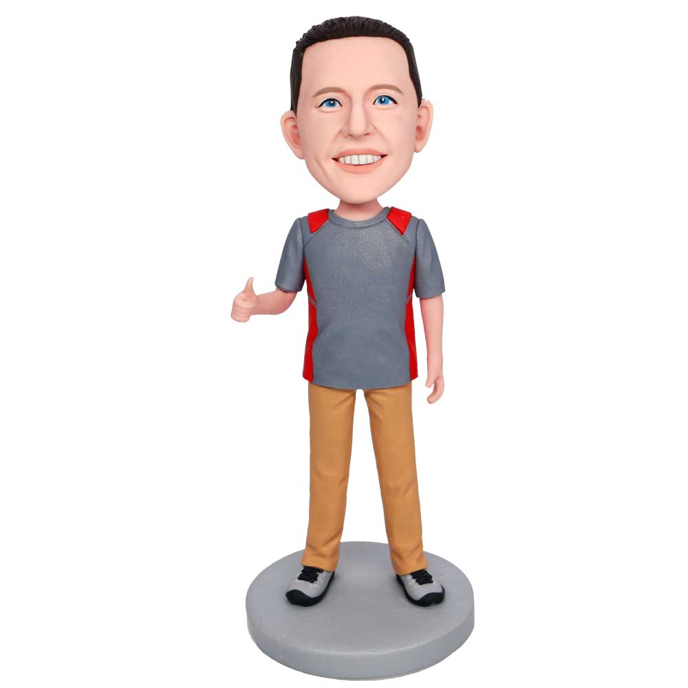 Boy In Grey T-Shirt And Thumbs Up Custom Figure Bobbleheads