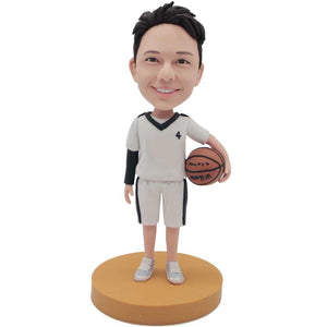 Boy In White Jersey With Basketball Custom Figure Bobbleheads