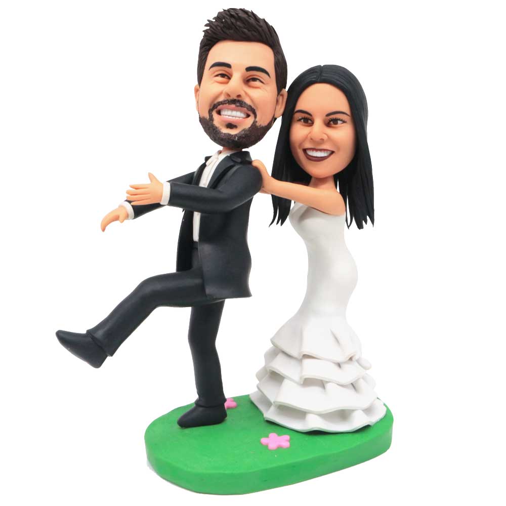 Bride Groom Go Forward Together Custom Wedding Bobbleheads Cake Topper