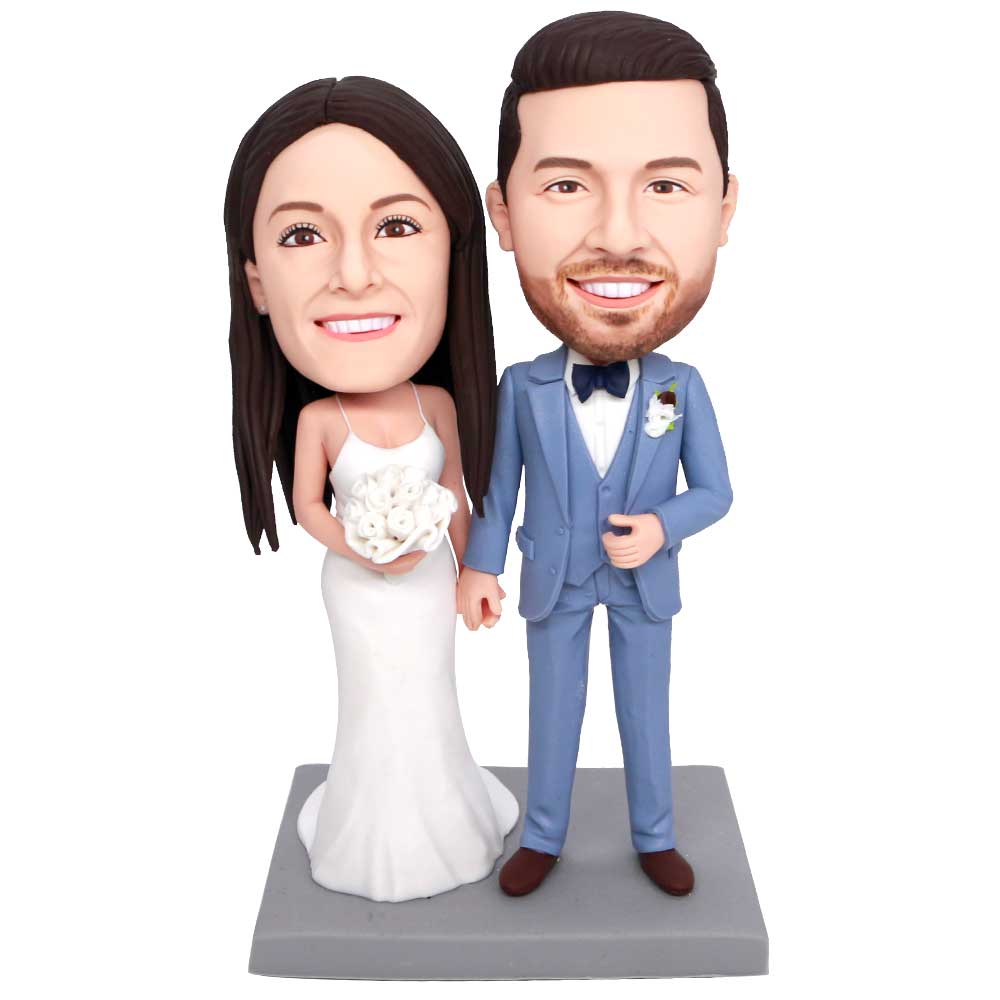 Bride Holding White Bouquet Custom Wedding Bobbleheads Cake Topper