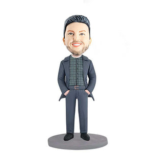 Business Suit Male with Hands in Pockets Custom Figure Bobblehead