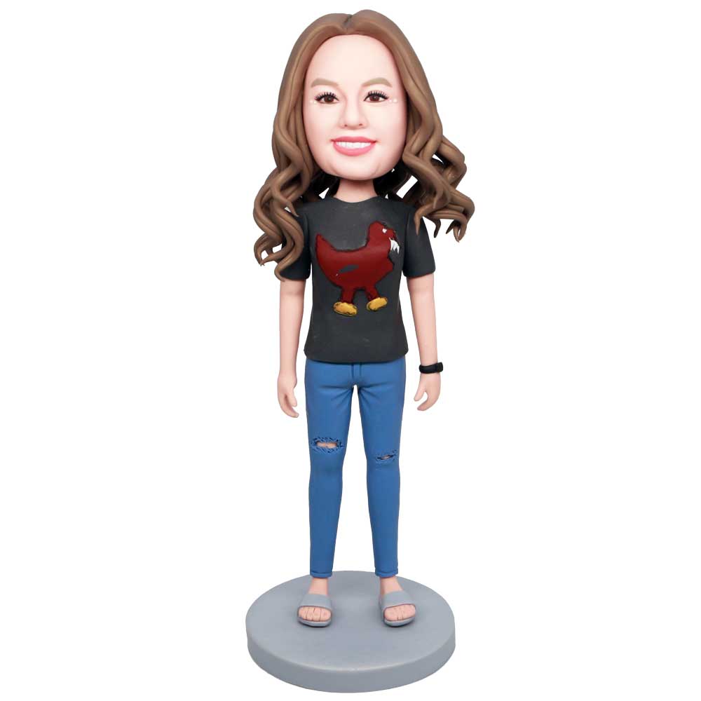 Casual Female In Torn Pants Custom Figure Bobbleheads