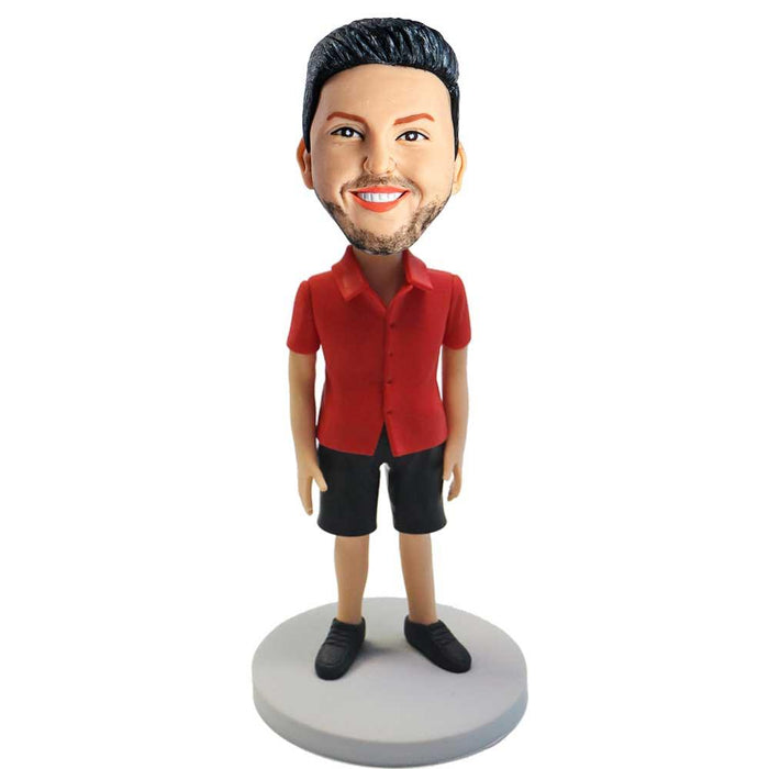 Casual Man In Red Shirt and Black Shorts Custom Figure Bobblehead