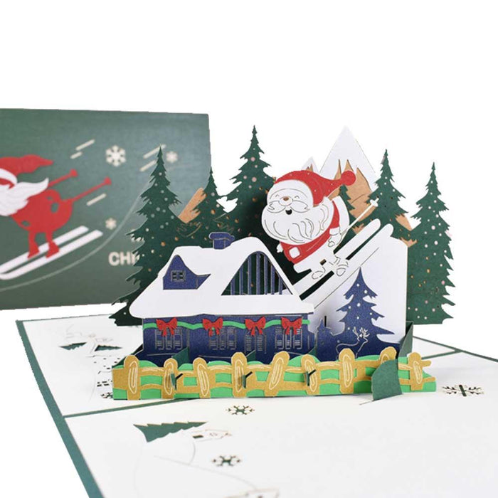Christmas 3D Pop Up Card-Christmas House And Santa Claus Skiing
