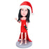Christmas Female Bartender In Red Dress With Wine And Cups Custom Figure Bobbleheads