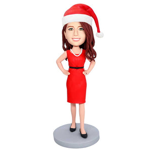 Christmas Female In Red Dress And Hands On Hips Custom Figure Bobbleheads
