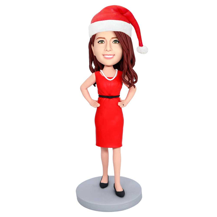 Christmas Female In Red Dress And Hands On Hips Custom Figure Bobbleheads