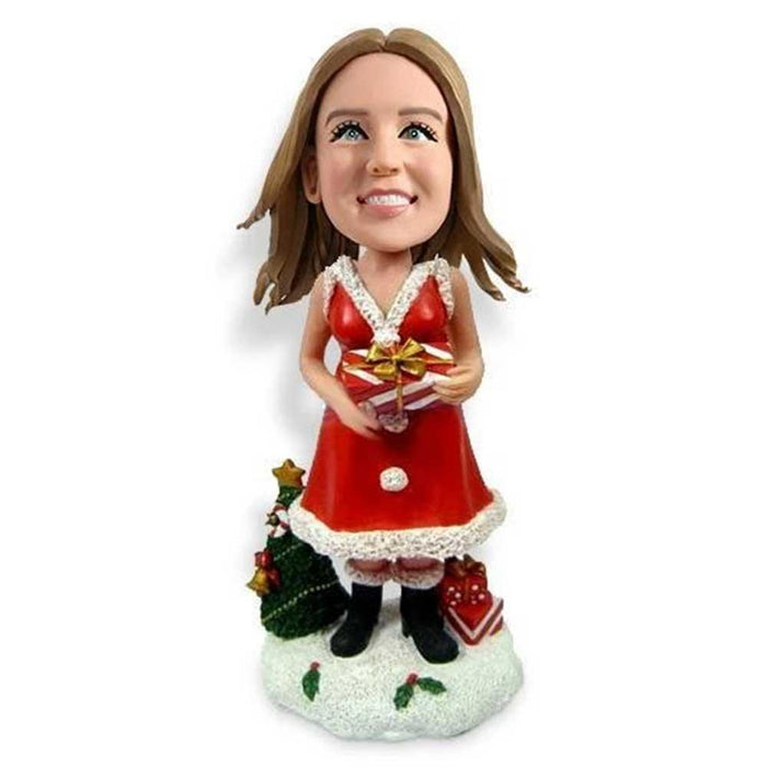 Christmas Lady with Gift and Christmas Tree Custom Figure Bobblehead