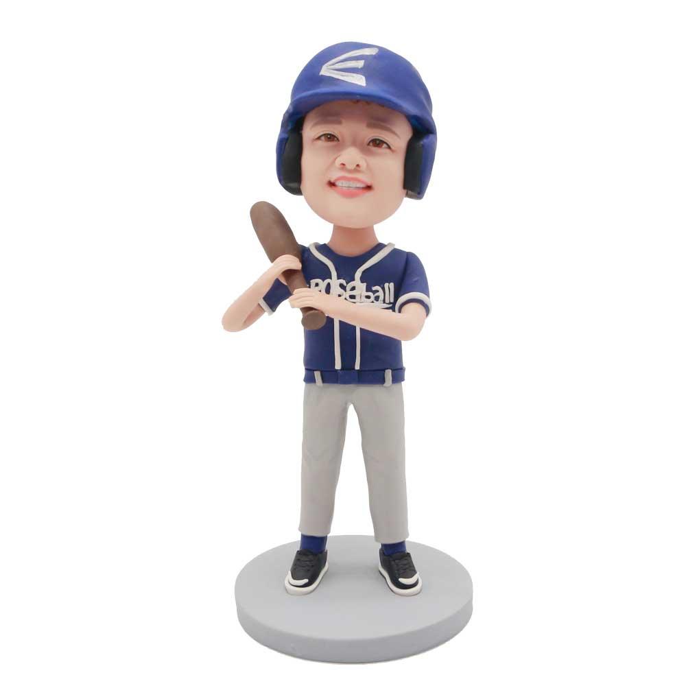 Cool Boy In Blue Baseball Uniform With A Baseball Bat Custom Figure Bobblehead