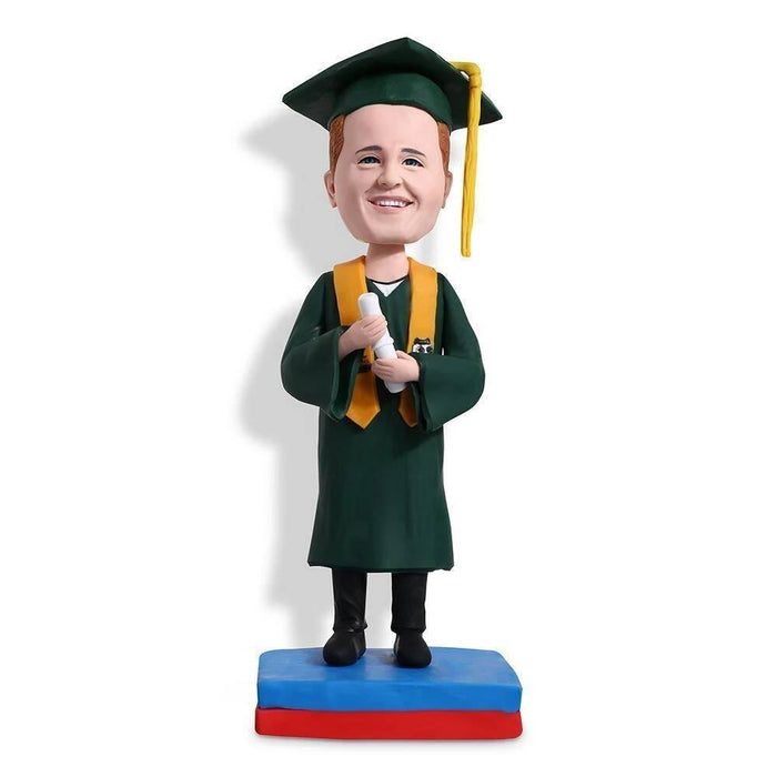 Personalized Happy Male Graduates In Dark Green Gown Custom Graduation Bobblehead Gift