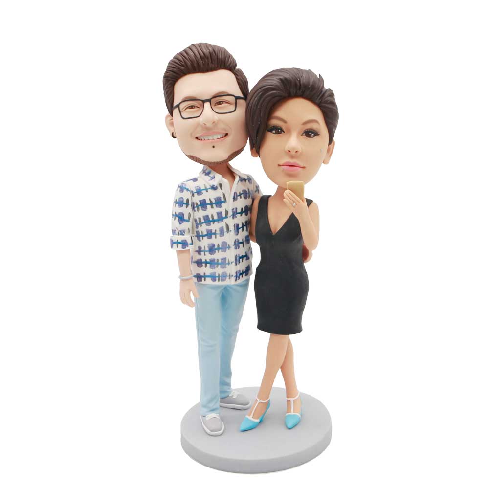 Couple In Black Dress And Plaid Shirt Custom Figure Bobblehead