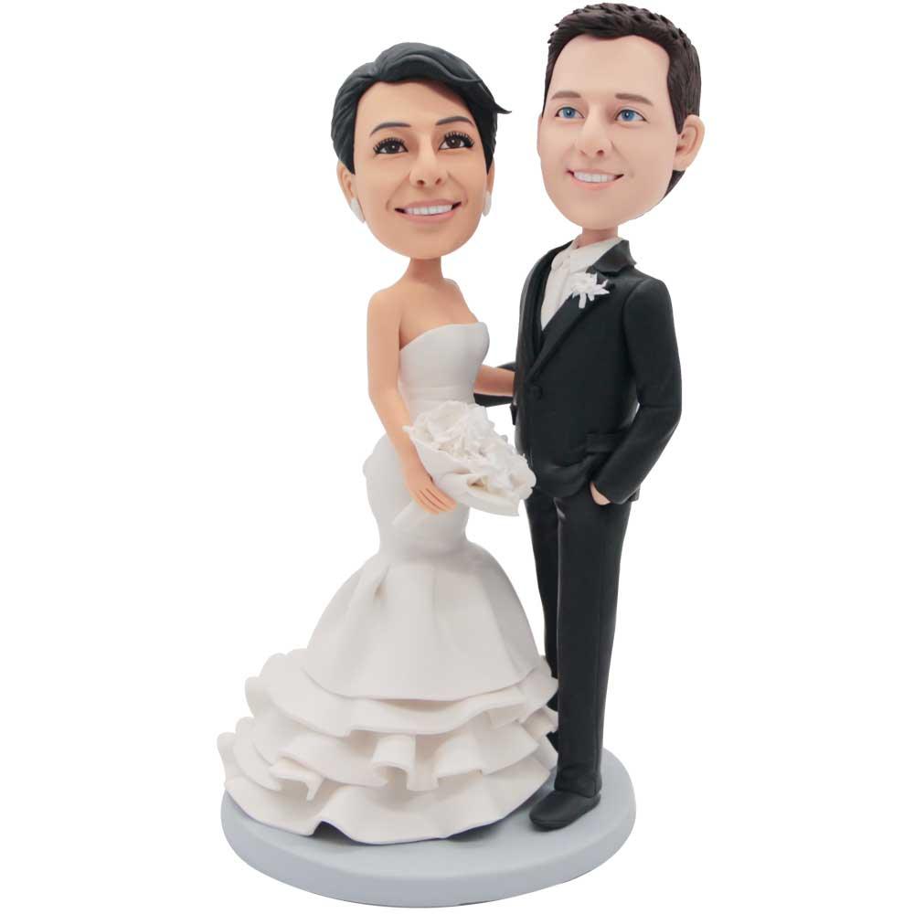  Bride Groom Holding Flowers Custom Wedding Bobblehead Cake Topper