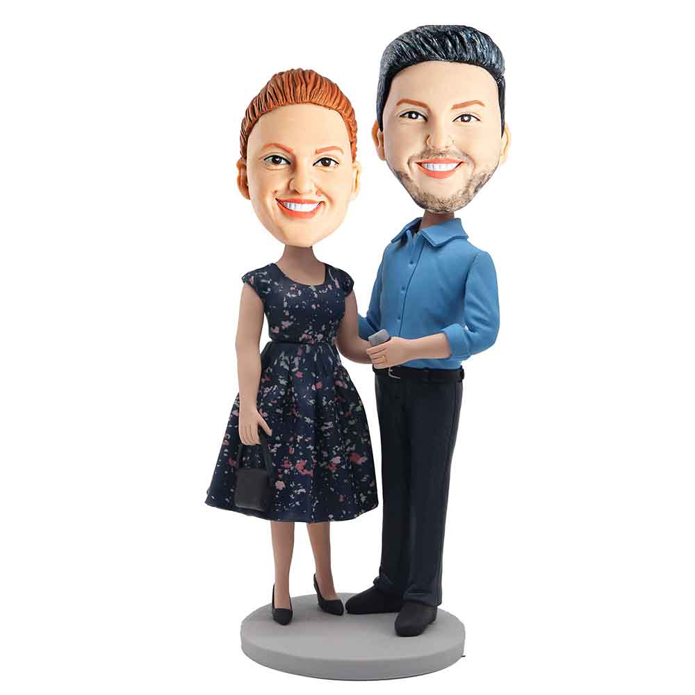 Couple In Blue Floral Dress and Suit Custom Figure Bobblehead