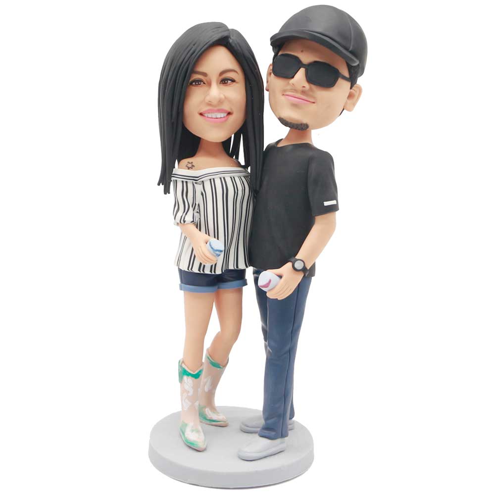 Couple In Fashion Clothes With Drinks Custom Figure Bobblehead