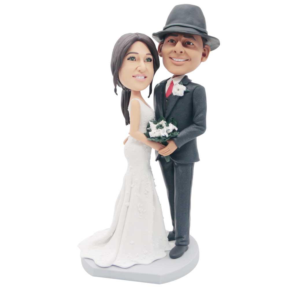 Classic Groom Bride Holding Flowers Custom Wedding Bobblehead Cake Topper