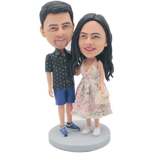 Couple In Floral Skirt And T-shirt Custom Figure Bobbleheads
