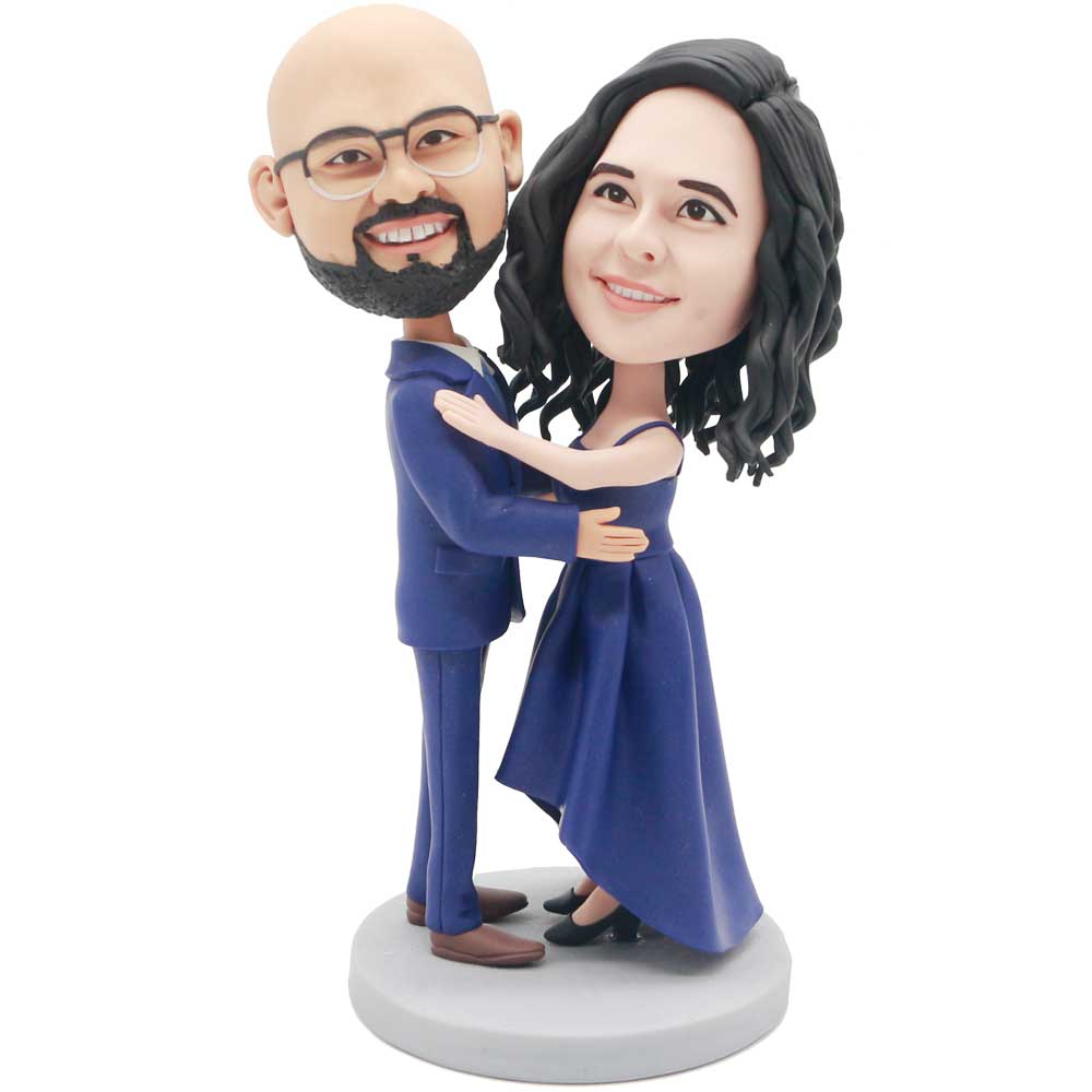 Couple In Navy Blue Evening Dress And Face To Face Hug Custom Figure Bobblehead