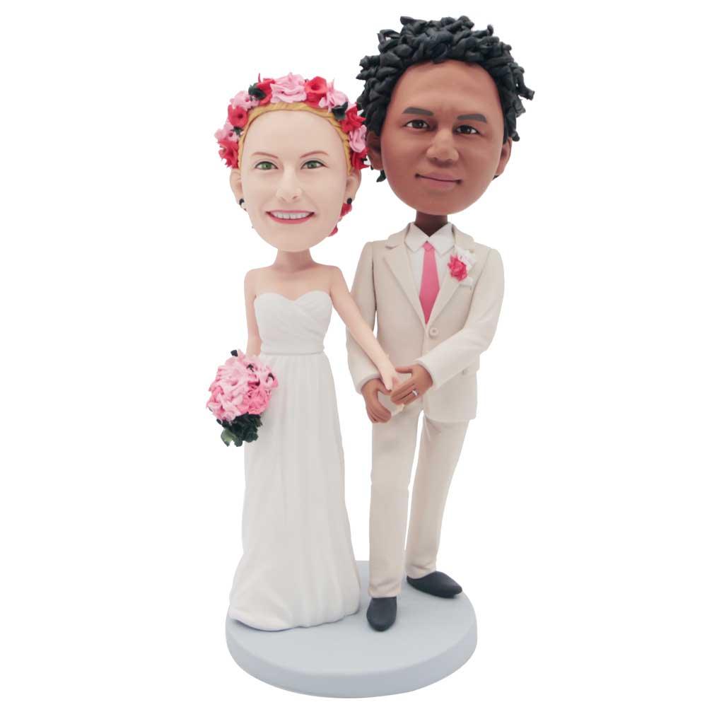 Happy Bride And Groom Custom Wedding Bobblehead Cake Topper 