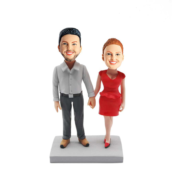 Valentine Gifts - Couple In Red Dress And Suit Holding Hands Custom Figure Bobblehead