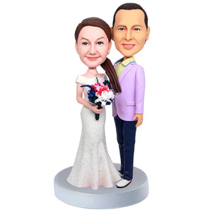 Couple In Wedding Dress And Purple Suit Custom Wedding Bobbleheads Cake Topper