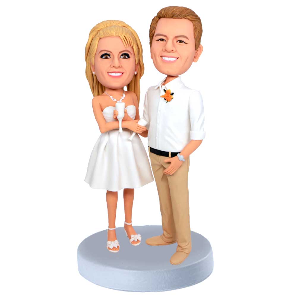 Couple In White Dress Holding Wine Glasses Custom Figure Bobbleheads