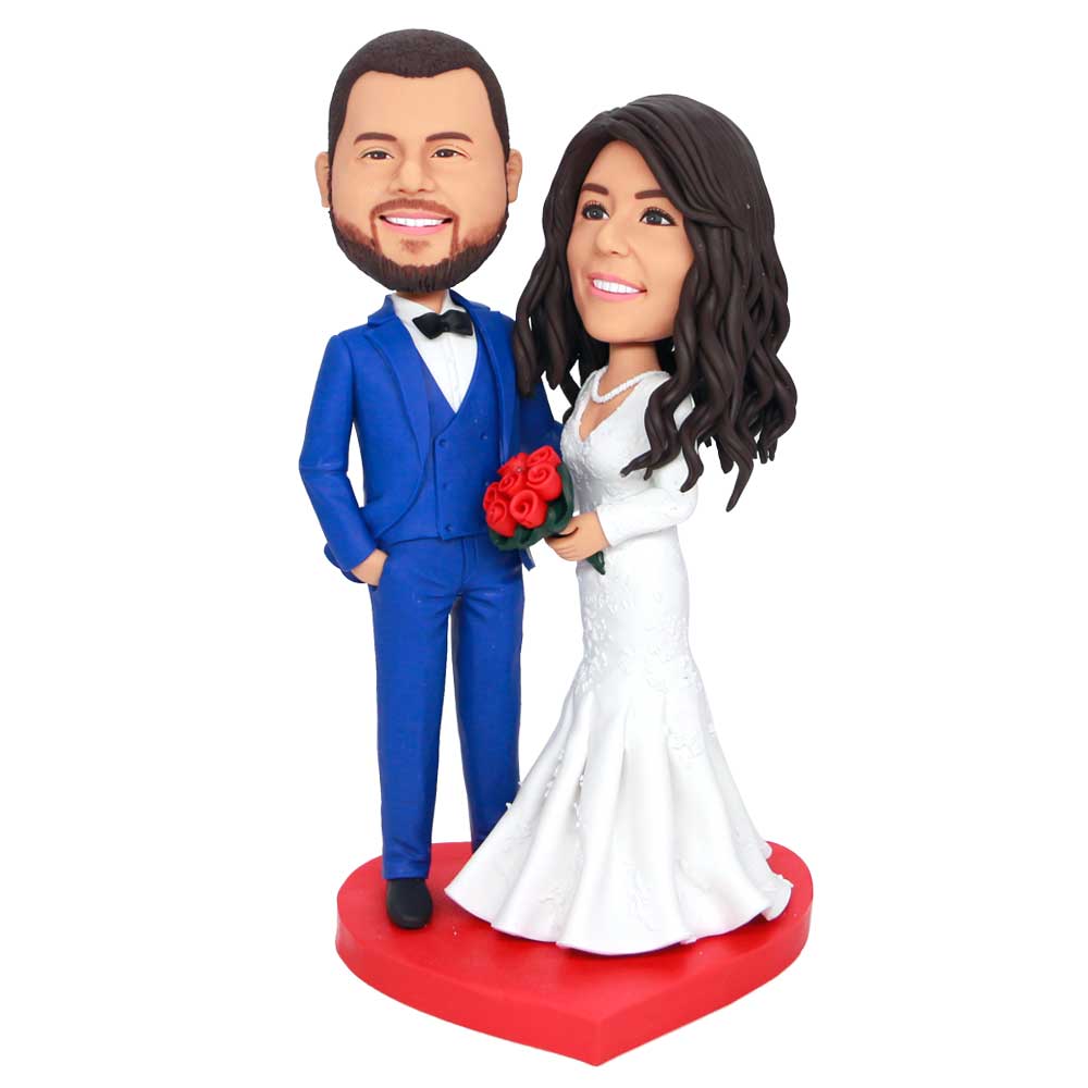 Couple In White Fishtail Wedding Dress And Navy Blue Suit Custom Wedding Bobbleheads