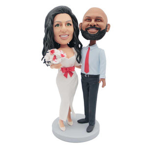 Couple In White Long Skirt With A Red Bow Custom Wedding Bobbleheads