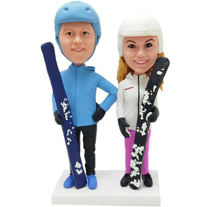 Couple Skier In Professional Ski Suit With Ski Board Custom Figure Bobbleheads